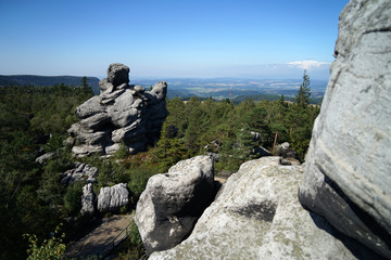 Fototapeta na wymiar Rock towers at top of Stolowe Table Mountains National Park, Poland