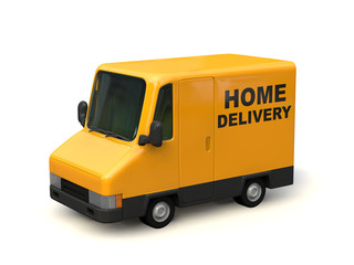 Yellow delivery car seen from the side. "HOME DELIVERY" characters painted on the car body. 3d illustration.
