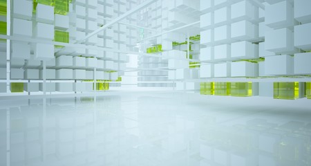 Abstract white and colored gradient glasses interior from an array of cubes with window. 3D illustration and rendering.