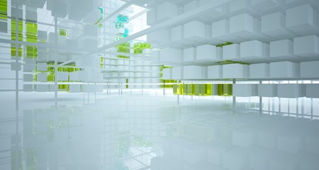 Abstract white and colored gradient glasses interior from an array of cubes with window. 3D illustration and rendering.