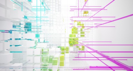 Abstract white and colored gradient glasses interior from an array of cubes with window. 3D illustration and rendering.
