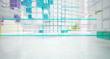 Abstract white and colored gradient glasses interior from an array of cubes with window. 3D illustration and rendering.