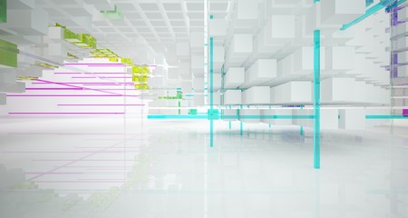 Abstract white and colored gradient glasses interior from an array of cubes with window. 3D illustration and rendering.