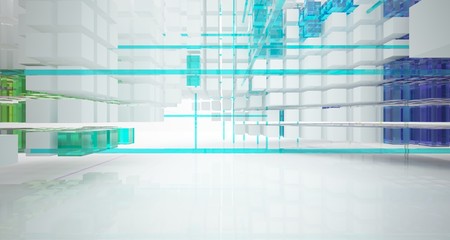 Abstract white and colored gradient glasses interior from an array of cubes with window. 3D illustration and rendering.