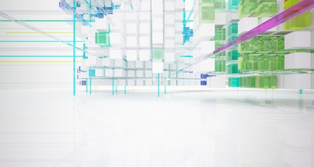 Abstract white and colored gradient glasses interior from an array of cubes with window. 3D illustration and rendering.
