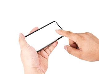 Man asian hand holding horizontal the black smartphone with blank screen for text on desk, isolated on white background. concept communication technology and telecom