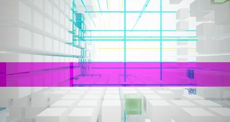 Abstract white and colored gradient glasses interior from an array of cubes with window. 3D illustration and rendering.