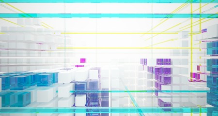 Abstract white and colored gradient glasses interior from an array of cubes with window. 3D illustration and rendering.