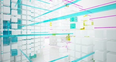 Fototapeta na wymiar Abstract white and colored gradient glasses interior from an array of cubes with window. 3D illustration and rendering.