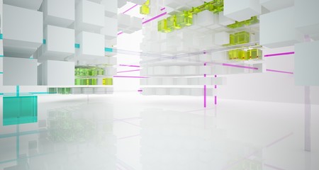 Abstract white and colored gradient glasses interior from an array of cubes with window. 3D illustration and rendering.