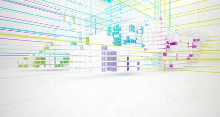 Fototapeta premium Abstract white and colored gradient glasses interior from an array of cubes with window. 3D illustration and rendering.