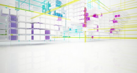 Abstract white and colored gradient glasses interior from an array of cubes with window. 3D illustration and rendering.