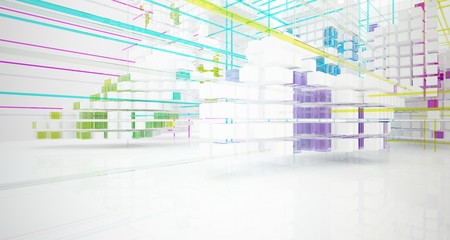 Abstract white and colored gradient glasses interior from an array of cubes with window. 3D illustration and rendering.