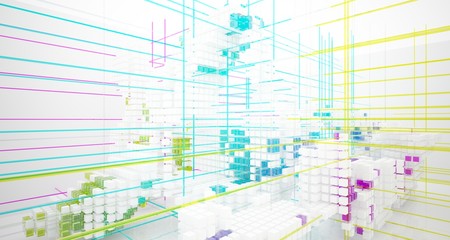 Abstract white and colored gradient glasses interior from an array of cubes with window. 3D illustration and rendering.