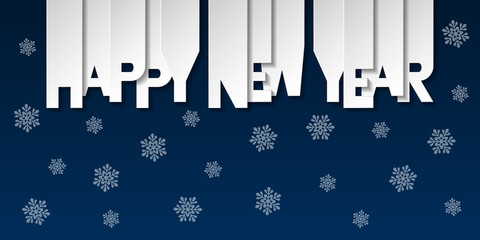 Happy New Year banner with letters cut out of white paper. Winter holidays greeting or invitation. Vector illustration on blue background.