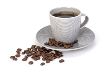 Closeup hot black coffee in gray ceramic cup with saucer and coffee beans isolated on white background. 