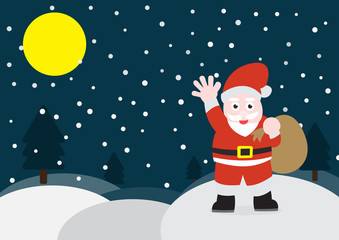 Santa claus holding gift bag. White snow on the ground. Full moon on the sky. Snow fall in winter . EPS10 and vector.