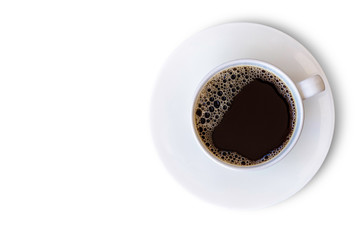 White ceramic cup of hot black coffee isolated on white background with clipping path. Top view. Flat lay.