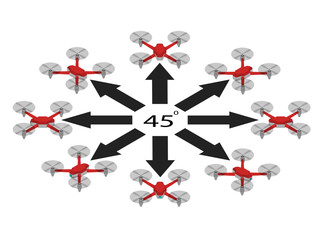 Rotation of the drone by 45 degrees. Quadrocopter with different viewing angles.	