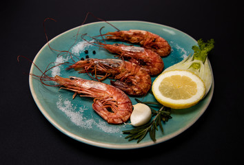 Garnelen, Scampi, Meeresfrüchte auf Teller angerichtet, Fisch, Foodart, Fooddesign, 