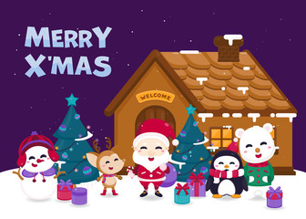 Merry Christmas greeting card with cute Santa Claus, reindeer and Christmas tree. Vector illustration Cute Christmas character.