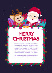 Merry Christmas greeting card with cute Santa Claus and reindeer. Vector illustration Cute Christmas template.