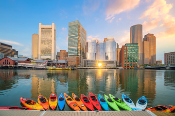 Boston Harbor and Financial District at twilight, Massachusetts