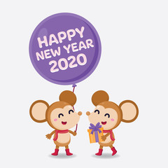 Happy New Year Greeting card 2020 with cute rats on white background.