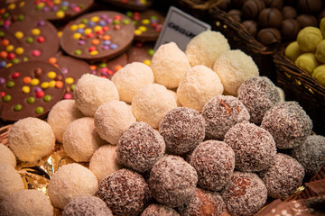 Variation of delicious and tasty sweet bar of chocolates at a chocolate market.