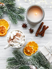Obraz na płótnie Canvas Christmas composition with hot chocolate and decorations