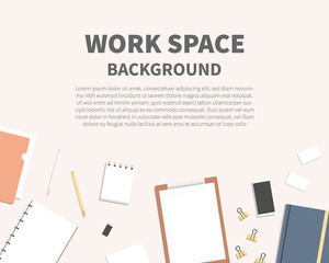 Top view of workplace background with notebook, pens, business cards, smartphone, papers, clipboard, clips. Flat lay style with copy space. Vector illustration.