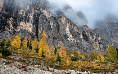Mountain landscape of the picturesque Dolomites mountain peaks  at Passo Gardena area in South Tyrol in Italy.