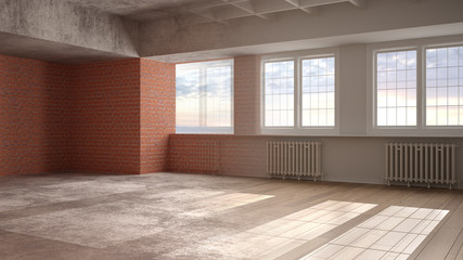 Obraz premium Interior design renovation, before and after, repair and wall painting, parquet flooring, panoramic windows, sunrise sky, steps of development, home renewal concept idea background
