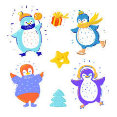 Cute penguins collection with gift box, cute star and Christmas tree