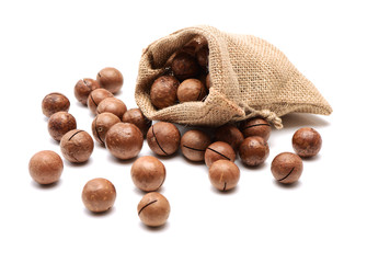 Shelled and unshelled macadamia nuts on white background 