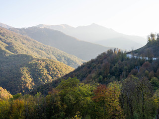 Fototapeta na wymiar Panoramic view of the mountains covered with autumn forest at sunrise