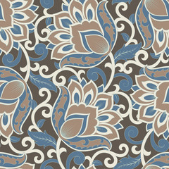 elegance seamless pattern with ethnic flowers and leaf, vector floral illustration in vintage style