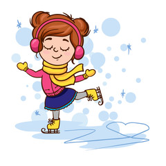 Doodle sketch of a cute little girl skating. Simple flat winter illustration