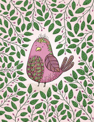 PrintFolk art botanical bird illustration in leaf and berry frame