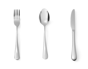 Set of dessert cutlery spoon fork and knife stainless steel isolated on white background - obrazy, fototapety, plakaty
