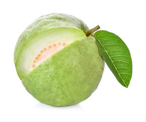 Guava fruit with leaves isolated on the white background.