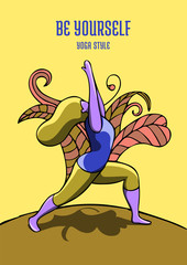 Woman practicing the Warrior I pose for YOGA DAY event. Beautiful colorful poster design with encouragement caption.