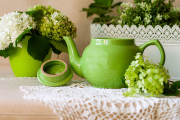 Horizontal photography in rustic or shabby chic style. Green teapot on a carved white napkin with hydrangea flowers and on a background of green flowers in a long planters