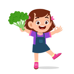 happy cute kid girl holding fresh vegetable