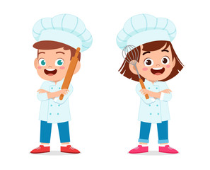 happy cute kid boy and girl in chef costume
