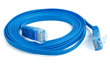 Flat blue ethernet (copper, RJ45) patchcord isolated on white background