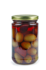 Glass jar with pickled olives isolated on white background