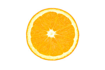 Half slice of fresh orange fruit isolated on white background with clipping path. Top view. Flat lay.