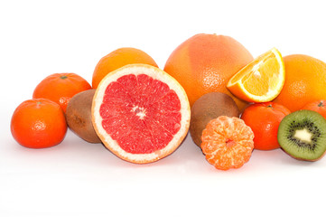 Assortment of exotic fruit close up on a white background copy space for text