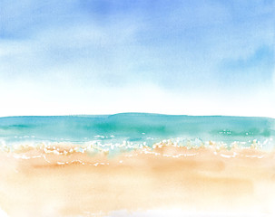 青空と砂浜と水平線、水彩イラストのトレースベクター